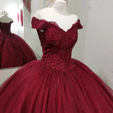 Hot Burgundy Ball Gown Sequin Wedding Dresses Lace Quince Dresses